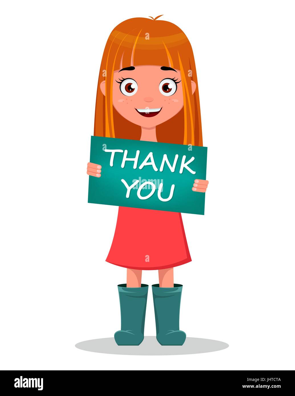 Cute funny smiling cartoon girl holding sign 'Thank You'. Vector Illustration Stock Vector