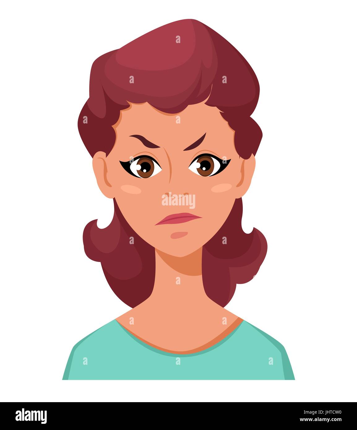 Face expression of a woman - dissatisfied, angry. Female emotions. Attractive cartoon character. Vector illustration isolated on white background. Stock Vector