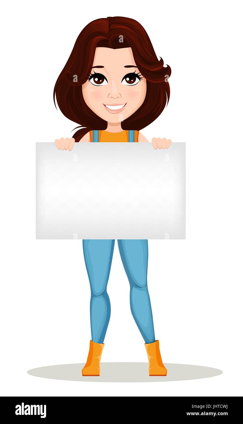 Cute Cartoon Character Holding Blank Banner Farmer Girl Dressed