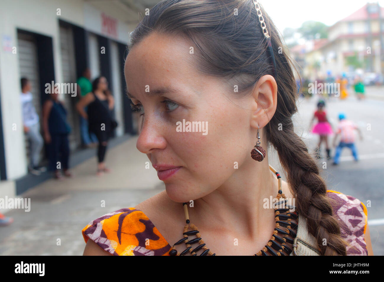 A photo of a woman attending a Carnival in Cayenne, French Guiana Stock