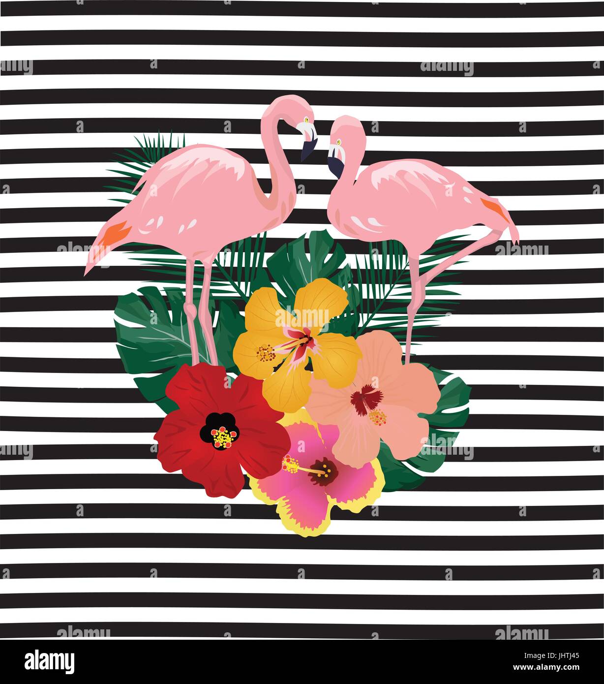 vector illustration of tropical flowers flamingos on striped background ...