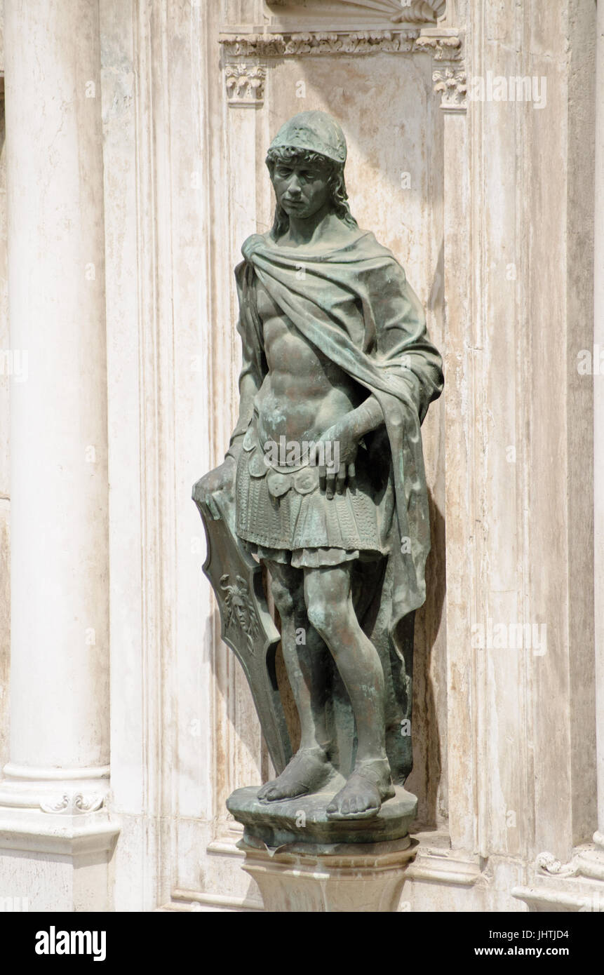 Statue of Mars, the Roman God of War sculpted by the Renaissance artist Antonio Rizzo and displayed on an exterior wall of the Doge's Palace, Venice. Stock Photo