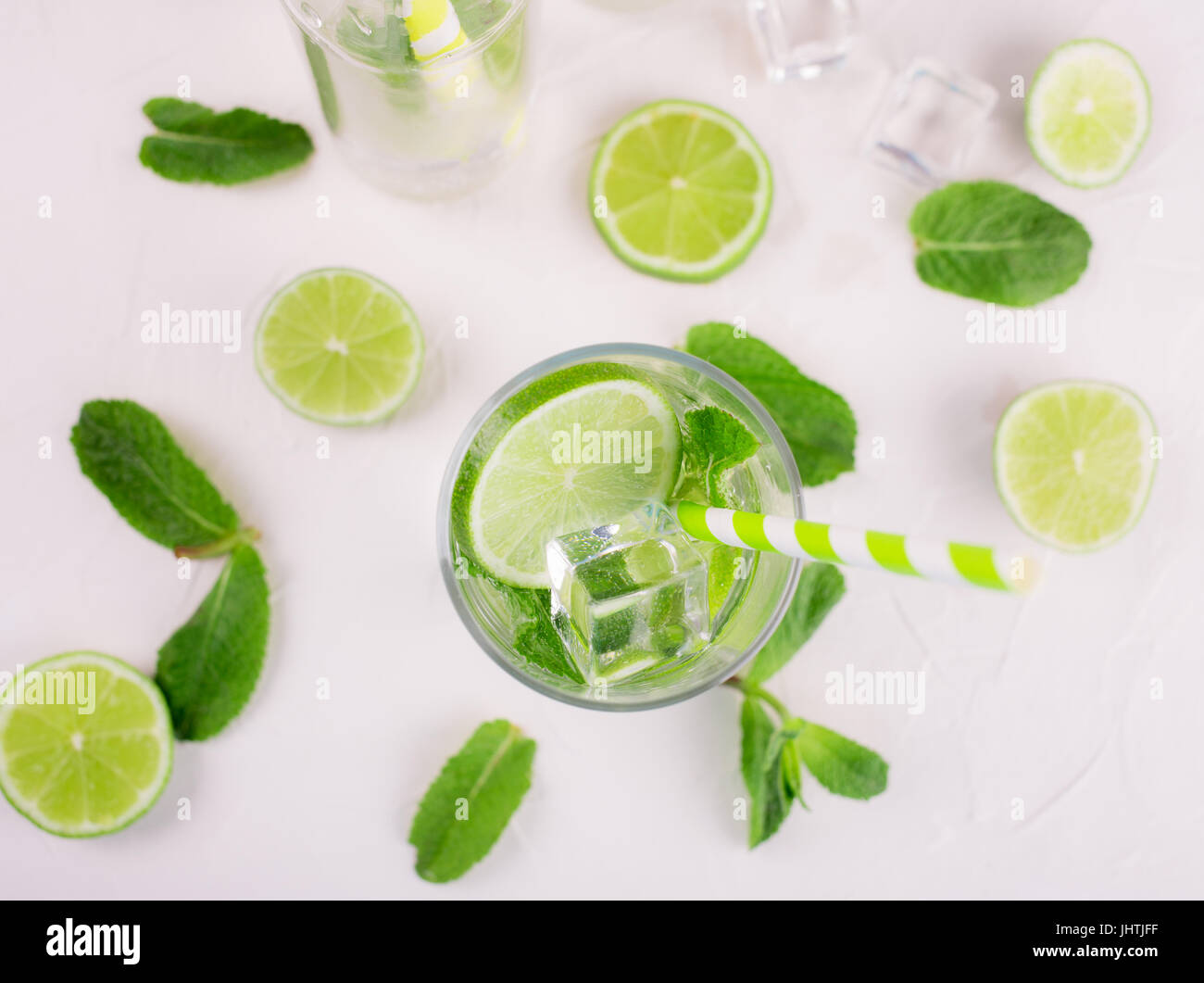 Detox water with lime and mint in glass. Mojito cocktail. on a white background Stock Photo