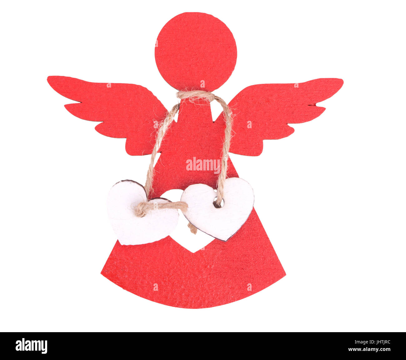 Christmas decorations of red Angel with two linked white hearts isolated on white background Stock Photo