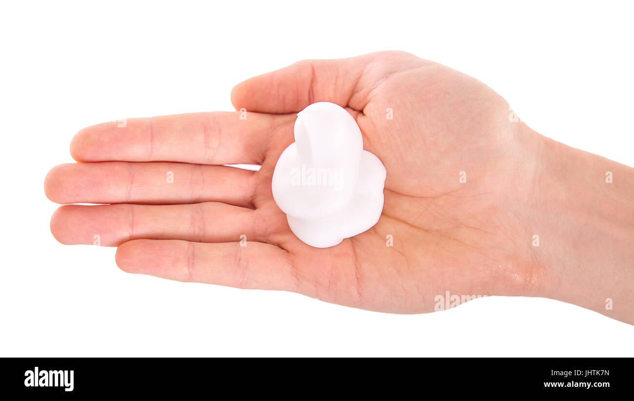 shaving foam on man's hand isolated on white background Stock Photo