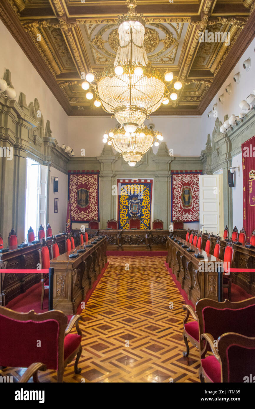 Inside of the council chamber in the town hall of Cartagena in Murcia ...