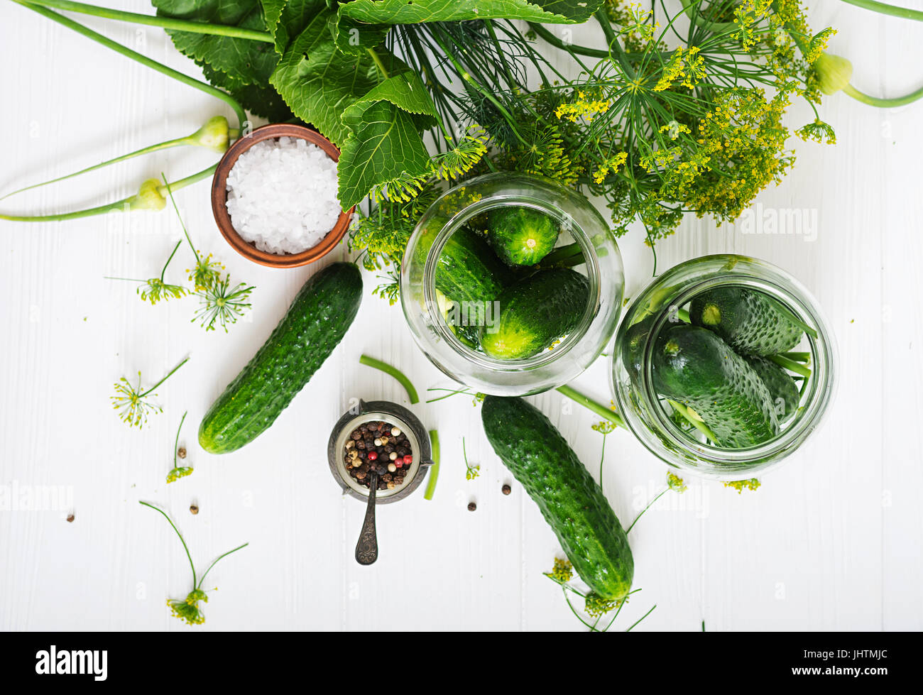 Preparation pickled marinated cucumbers, herbs and salt. Flat lay. Top