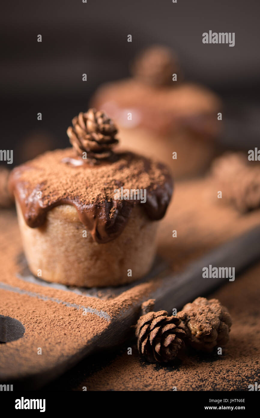Chocolate muffins, decorated with a small cone on a dark wooden background. Low key. Cupcakes are poured with dark chocolate and cocoa powder. Cupcake Stock Photo