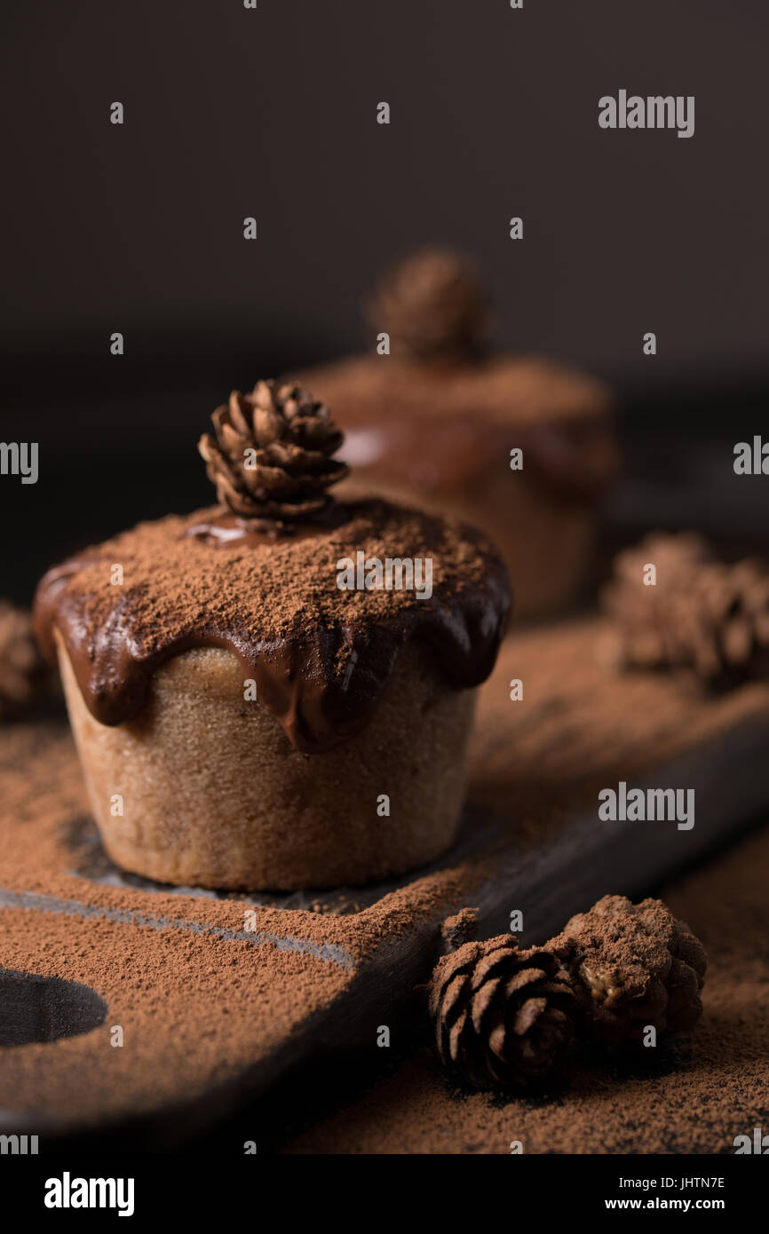 Chocolate muffins, decorated with a small cone on a dark wooden background. Low key. Cupcakes are poured with dark chocolate and cocoa powder. Cupcake Stock Photo