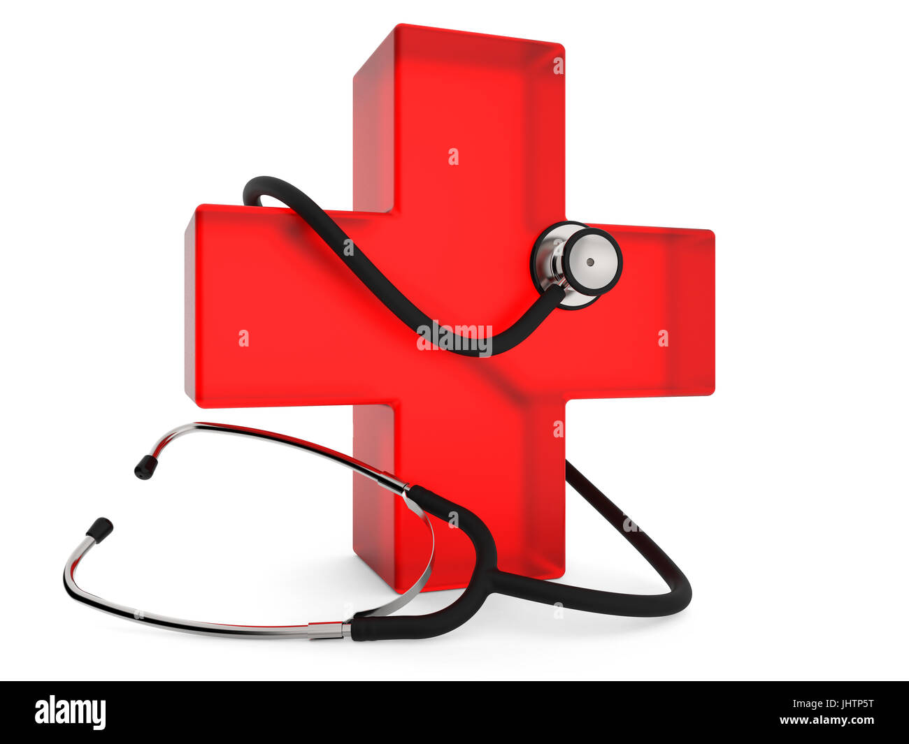Red cross with stethoscope isolated on white background 3D rendering