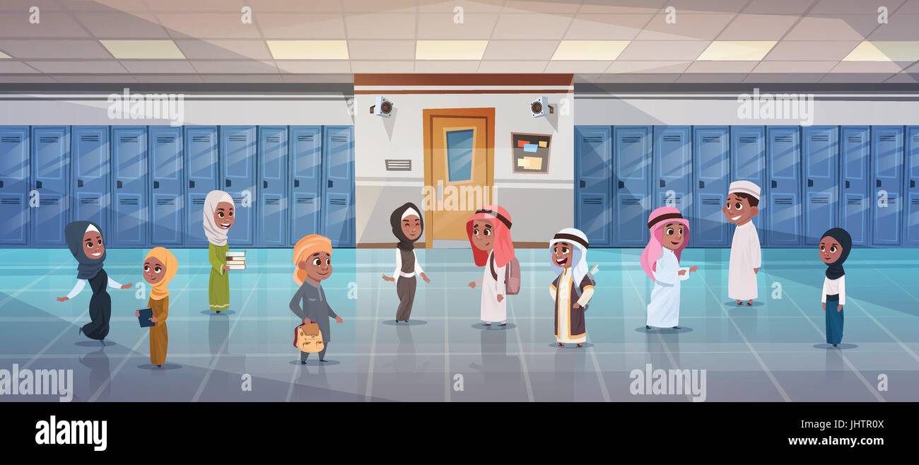 Group Of Arab Pupils Walking In School Corridor To Class Room, Muslim Schoolchildren Stock Vector