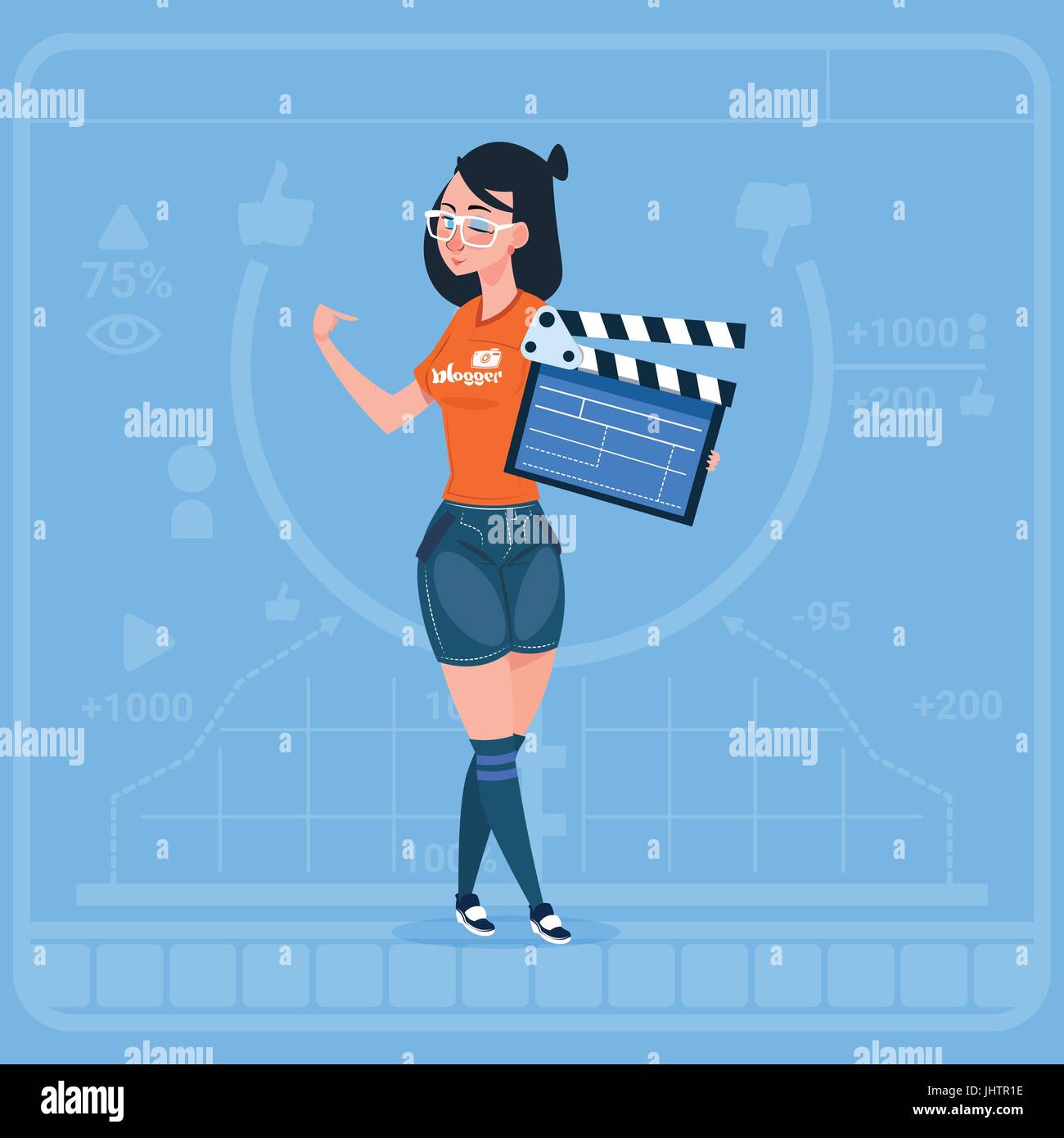 Girl Holding Clapperboard Modern Video Blogger Vlog Creator Channel Stock Vector