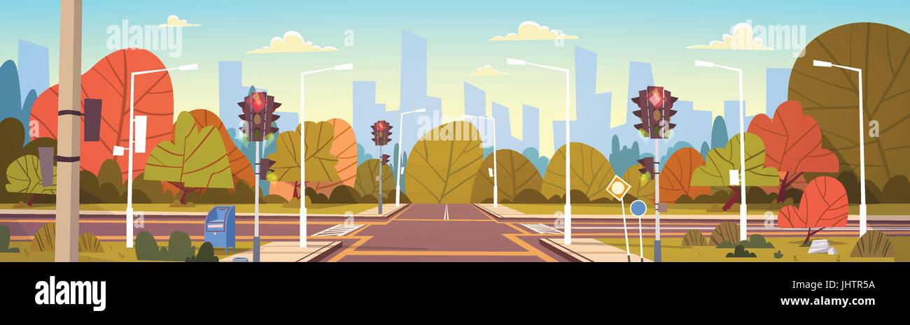 Road Empty City Street With Crosswalk And Traffic Lights Stock Vector ...
