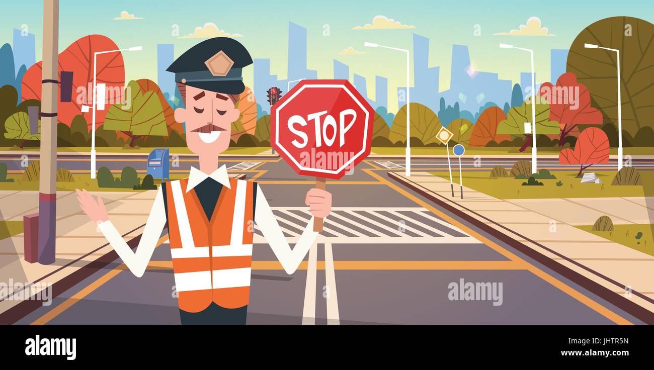 Guard With Stop Sign On Road With Crosswalk And Traffic Lights Stock Vector