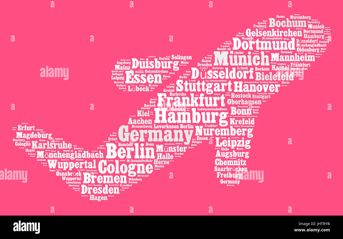 Localities in Germany word cloud concept over airplane shape Stock Photo