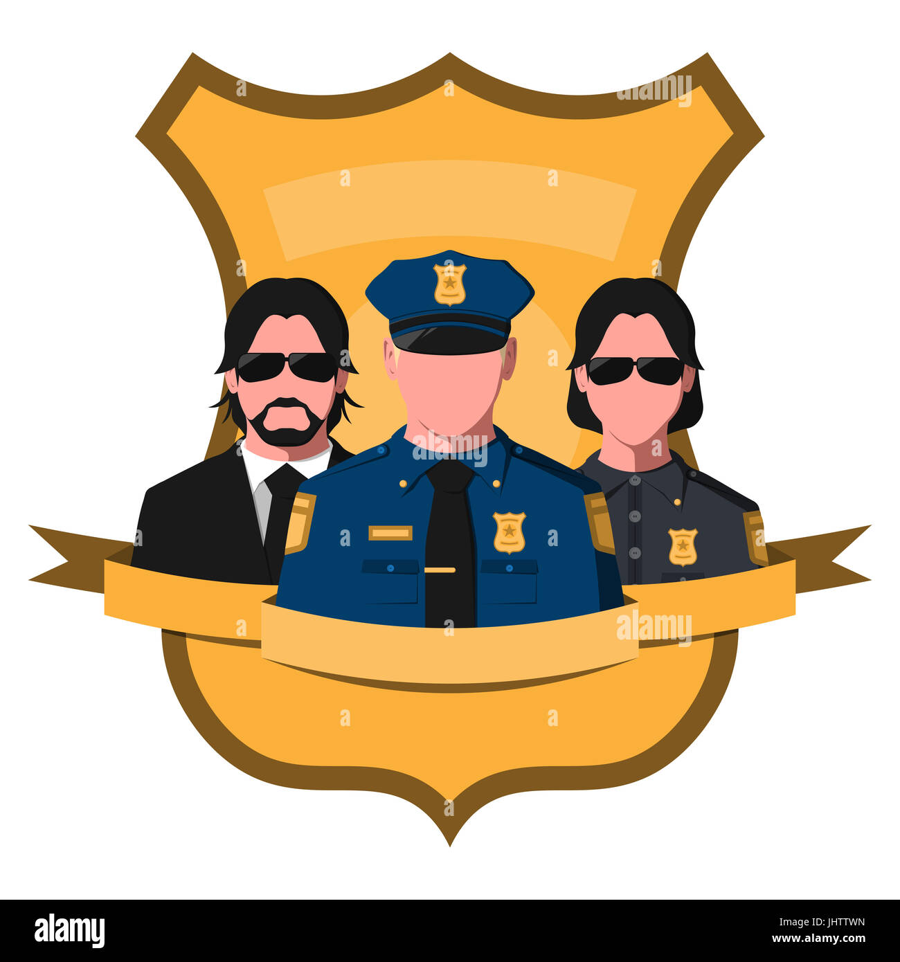 Flat avatar of police team. Emblem with silhouettes of policeman, sheriff and detective on a badge background. Illustration of police officers. Stock Photo