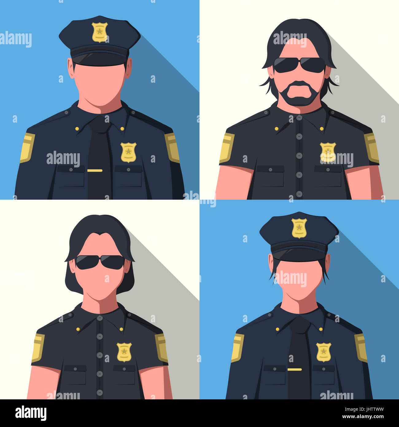 Avatars of police officer. Law enforcement illustration. Silhouettes of man and woman in police uniform. Flat policemen. Stock Photo