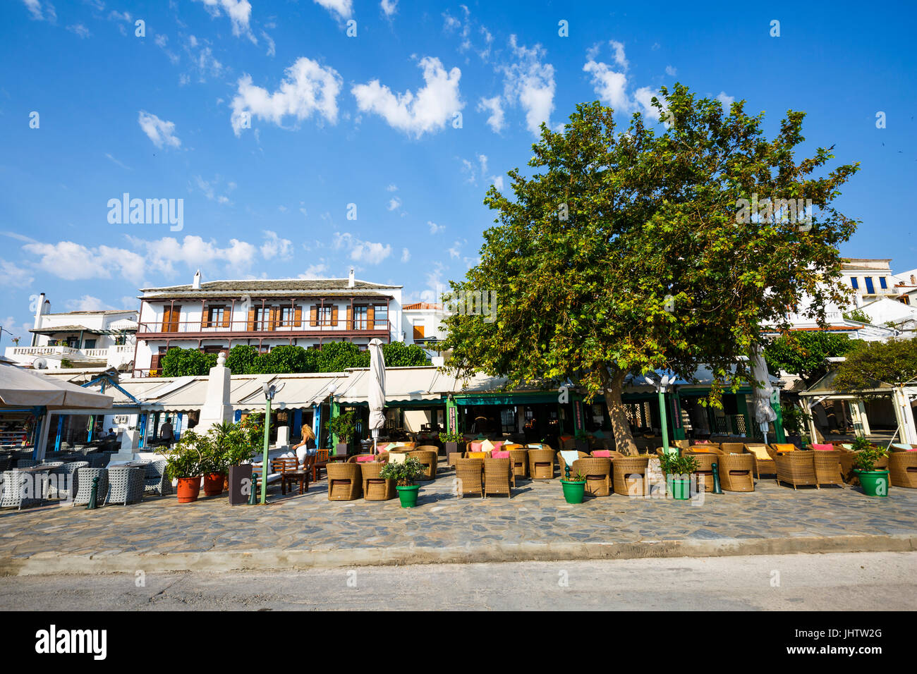 View of coffee shops in Skopelos town, Greece Stock Photo Alamy