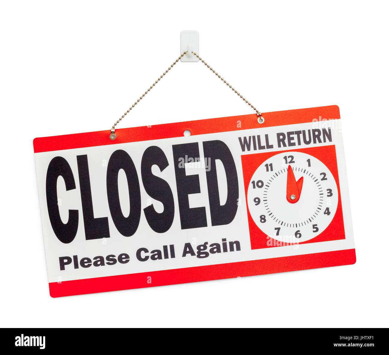 Red Hanging Closed Sign Isolated on White Background. Stock Photo