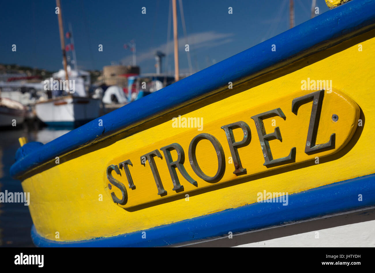 Brightly coloured wooden fishing boat at Saint-Tropez, France Stock ...