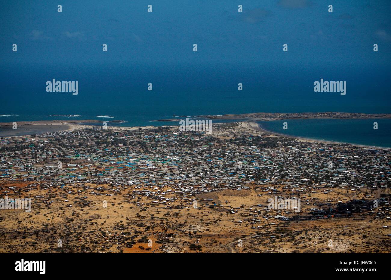 Aerial view of the southern Somali port city October 4, 2012 in Kismayo, Somalia.    (photo by Stuart Price  via Planetpix) Stock Photo
