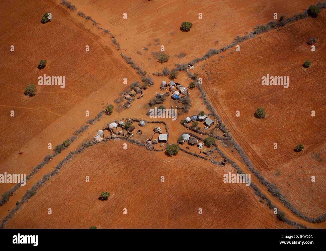 Aerial view of a typical rural homestead on the outskirts of a Somalian port city October 4, 2012 near Kismayo, Somalia.    (photo by Stuart Price  via Planetpix) Stock Photo