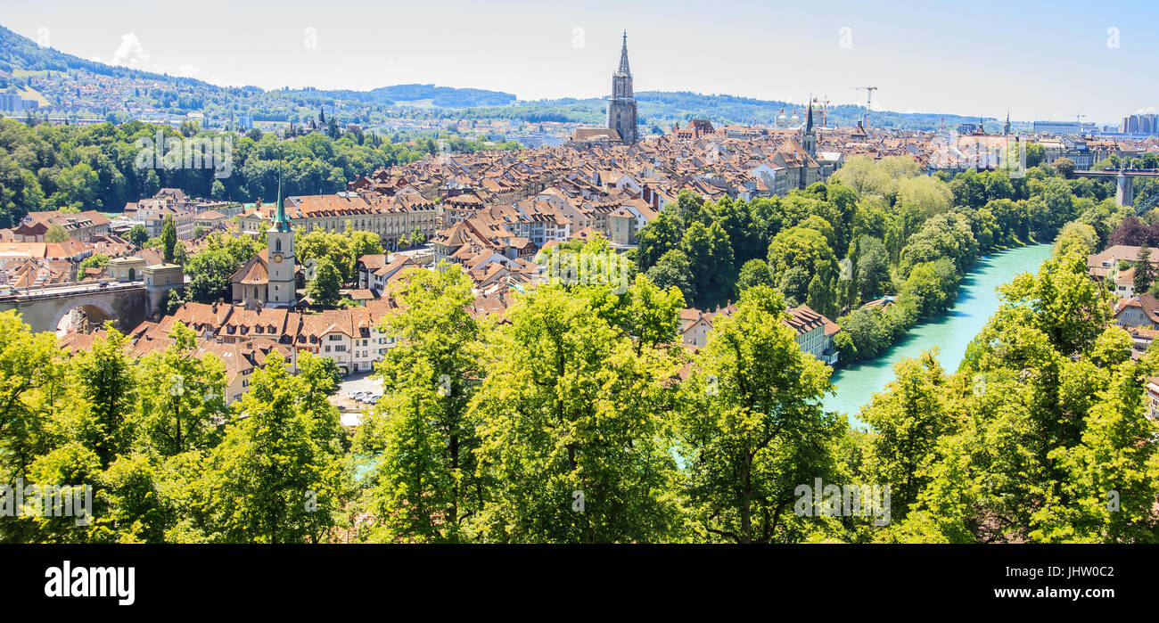Panorama view of Berne old town from mountain top in rose garden, rosengarten, Berne Canton, Capital of Switzerland, Europe. Stock Photo