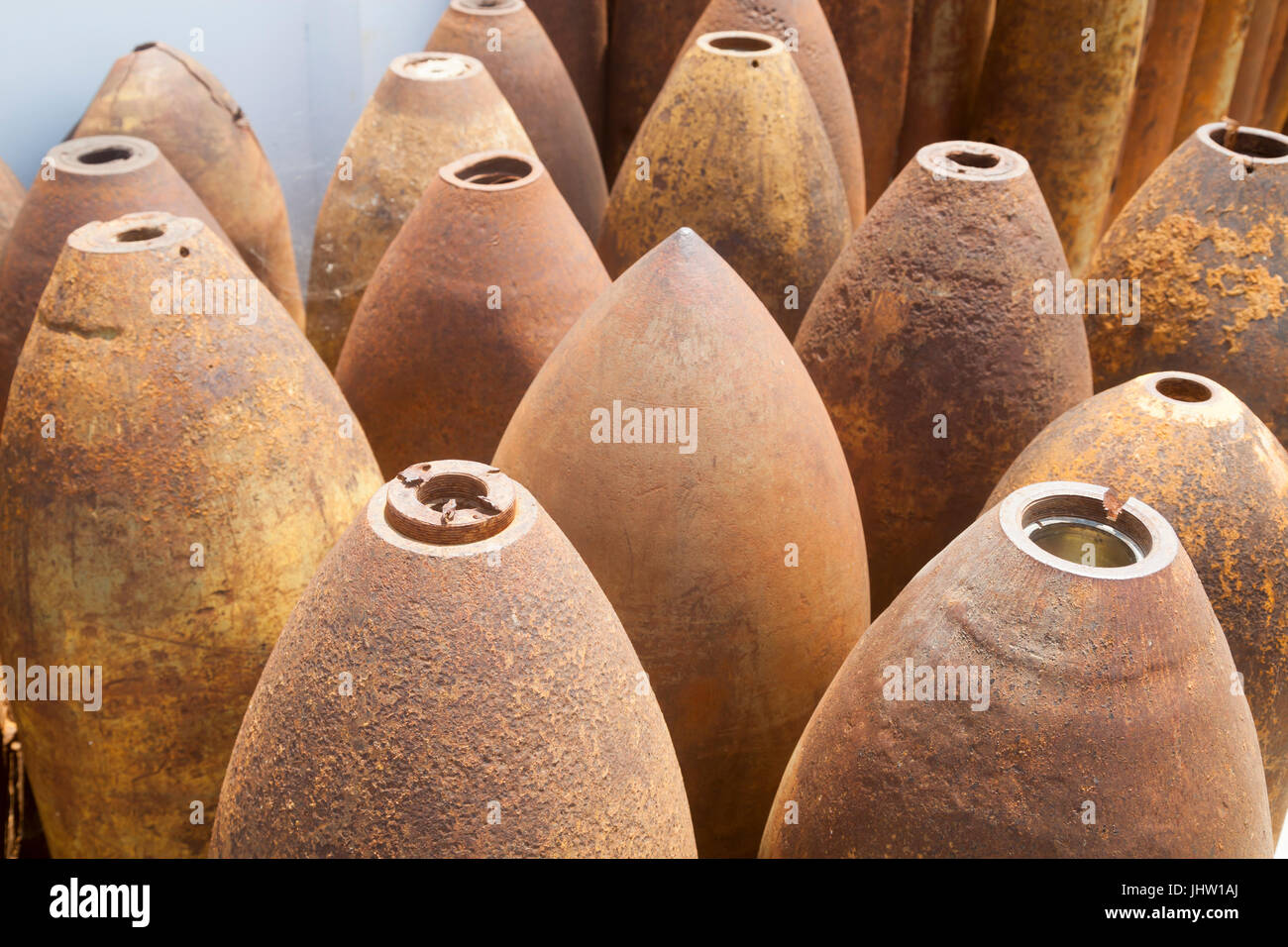 Deadly harvest left over from the Laotian Civil War. Rusting American bombs defused by explosive ordnance engineers. Xiangkhouang, Province, Laos Stock Photo