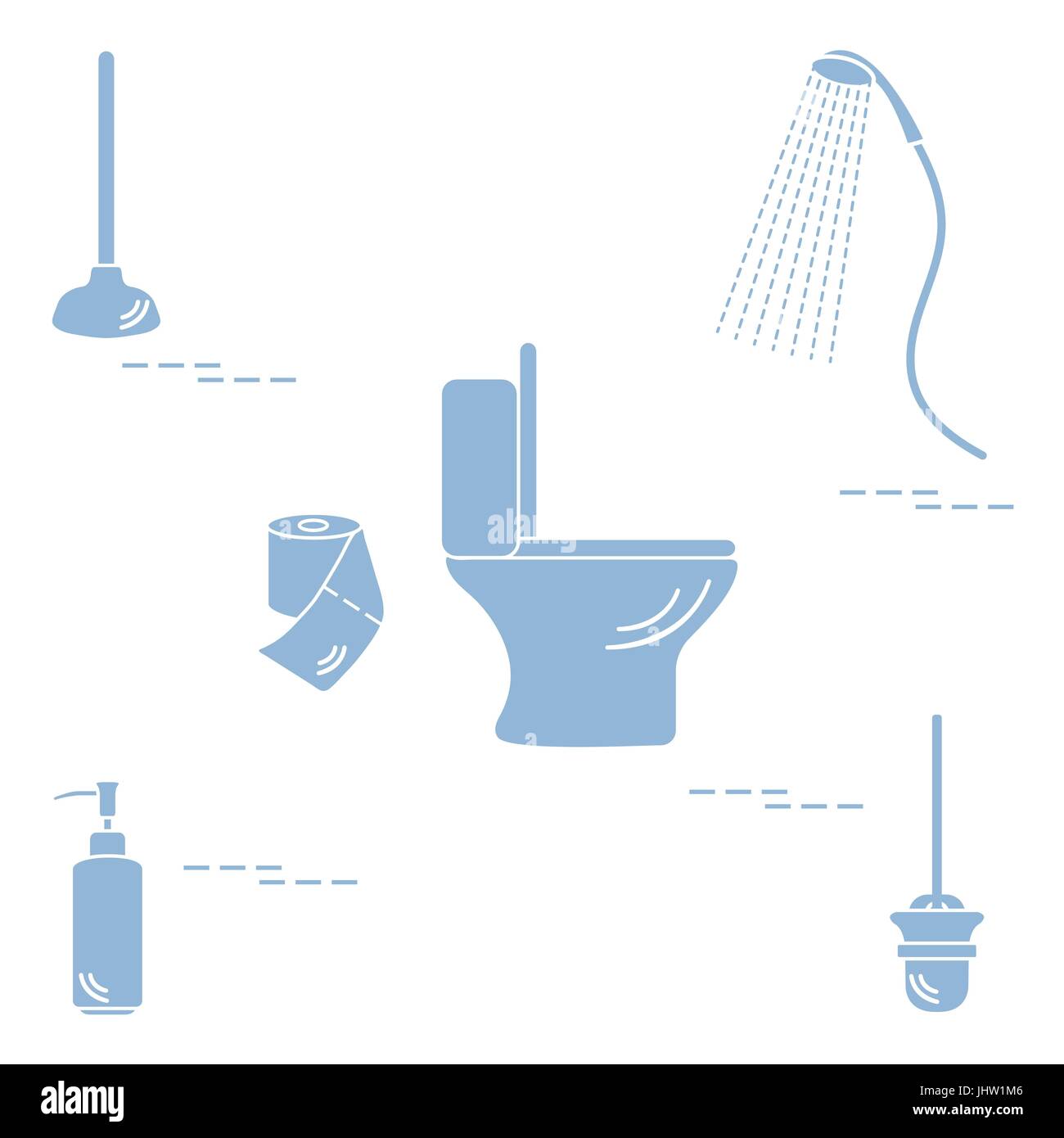 Vector illustration with toilet bowl, shower, toilet paper, soap dispenser, plunger, brush for