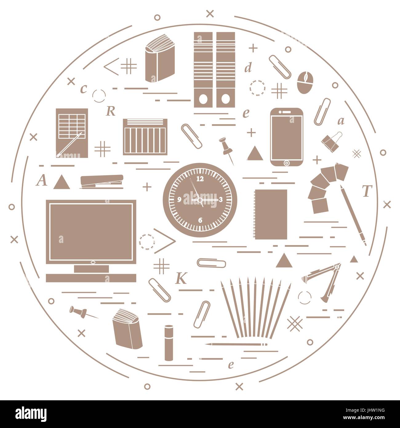 Set of different office objects arranged in a circle. Including icons of paper clips, buttons, pencils, glue, monitor, clock and other on white backgr Stock Vector