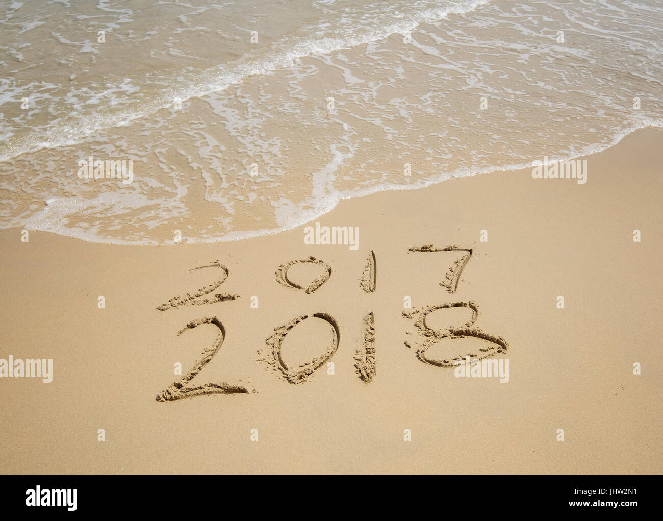 2018 written in sand write on tropical beach Stock Photo