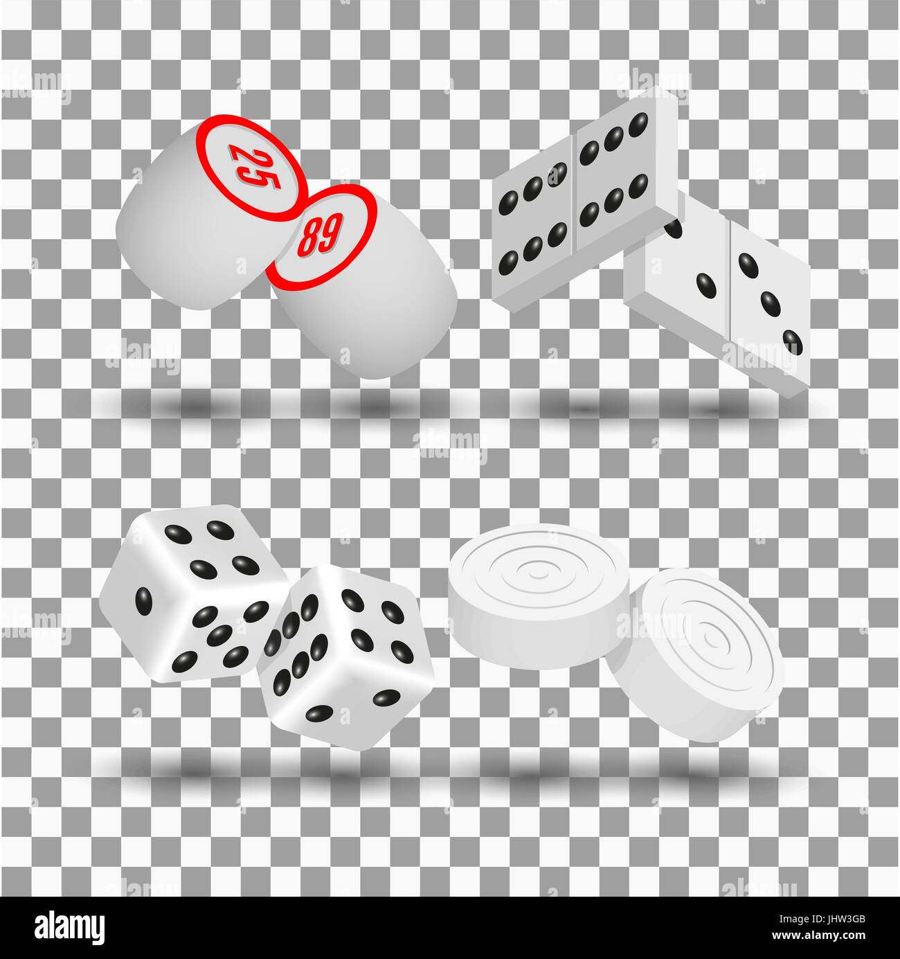 Realistic 3D game icons. Items to play dominoes, dice, checkers and lotto, vector illustration. Stock Vector