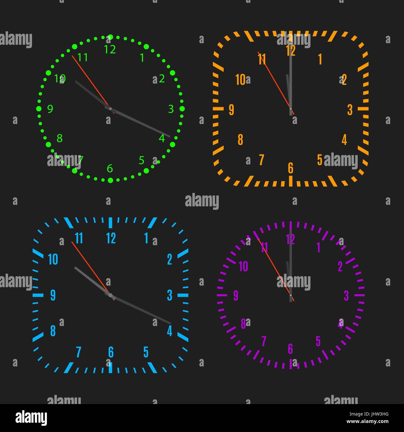 Square and round bright dials for clock with arrows isolated on black ...