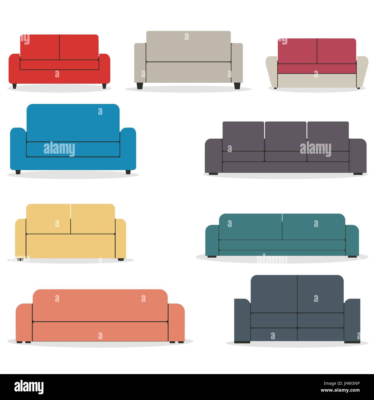 Set of pieces of furniture, sofas of various shapes isolated on white background. Elements of interior design in a flat style, vector illustrations. Stock Vector