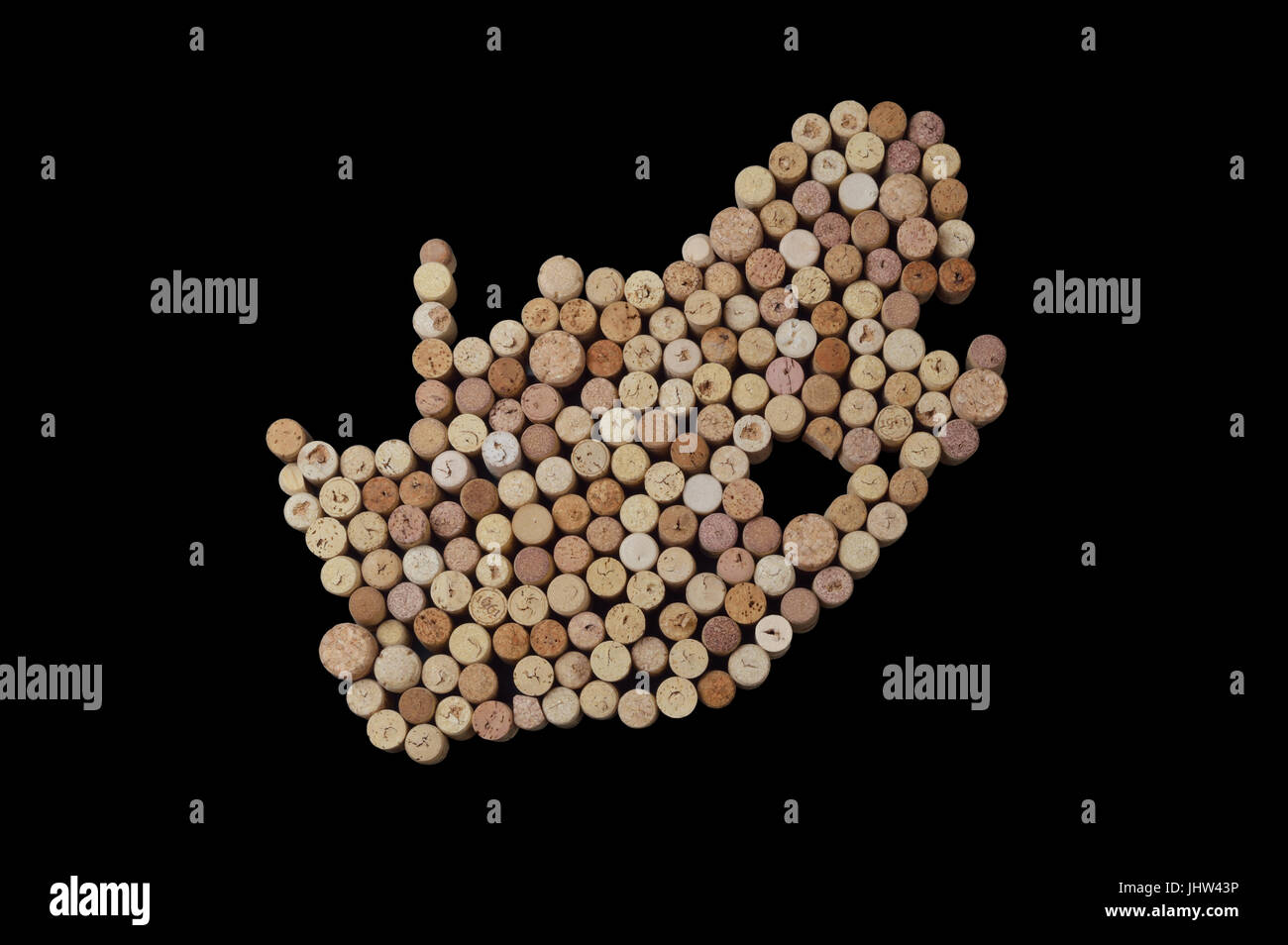 Wine-producing countries - maps from wine corks. Map of South Africa on black background. Clipping path included. Stock Photo
