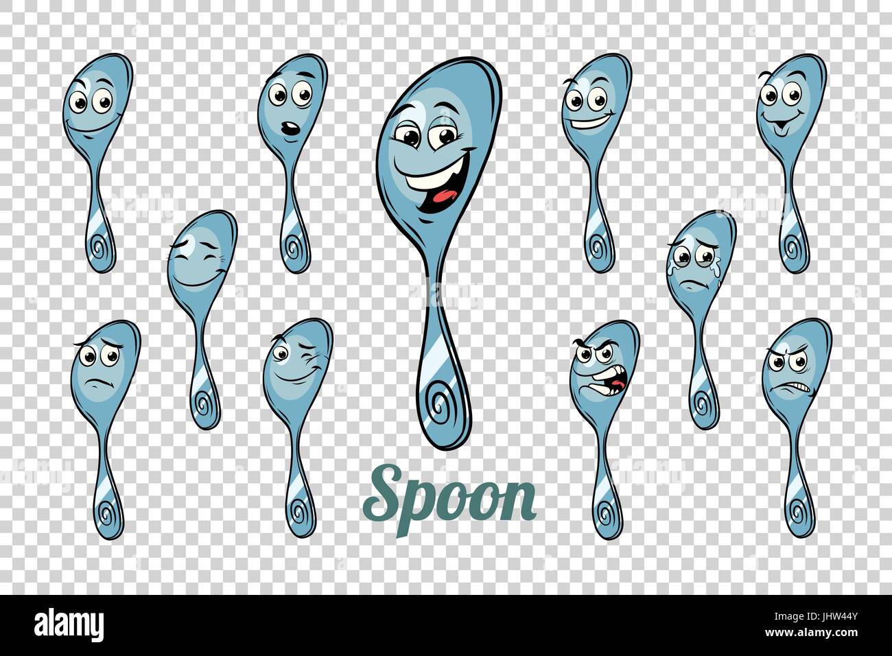 spoon emotions characters collection set. Isolated neutral background. Retro comic book style cartoon pop art vector illustration Stock Vector