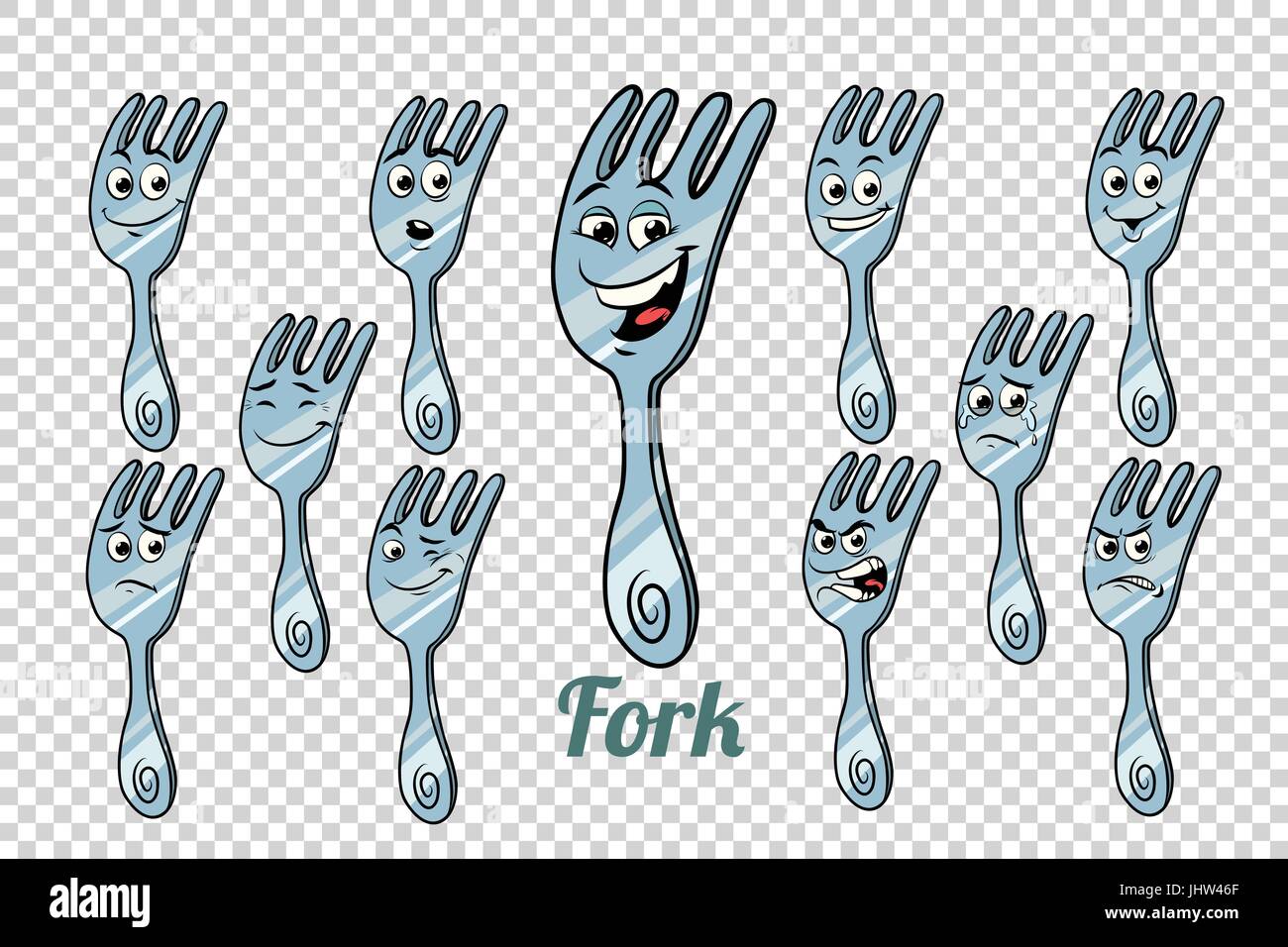 diner fork emotions characters collection set. Isolated neutral background. Retro comic book style cartoon pop art vector illustration Stock Vector