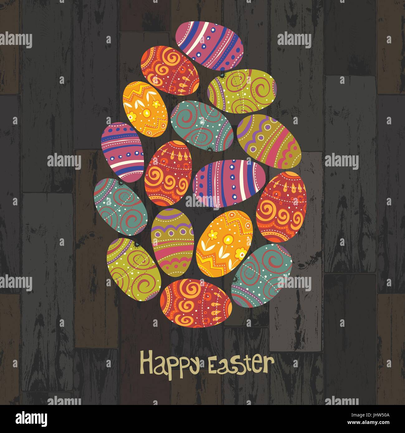 Easter eggs. Composed in one egg shape on wooden planks background. Vector, EPS10 Stock Vector