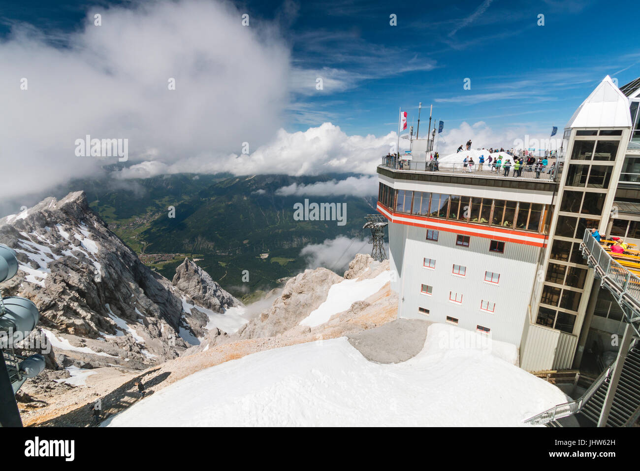 EHRWALD - JULY 04: Mountain station of the Tyrolean Zugspitze Cable Car on the Zugspitze, Austria on July 04, 2016. Stock Photo