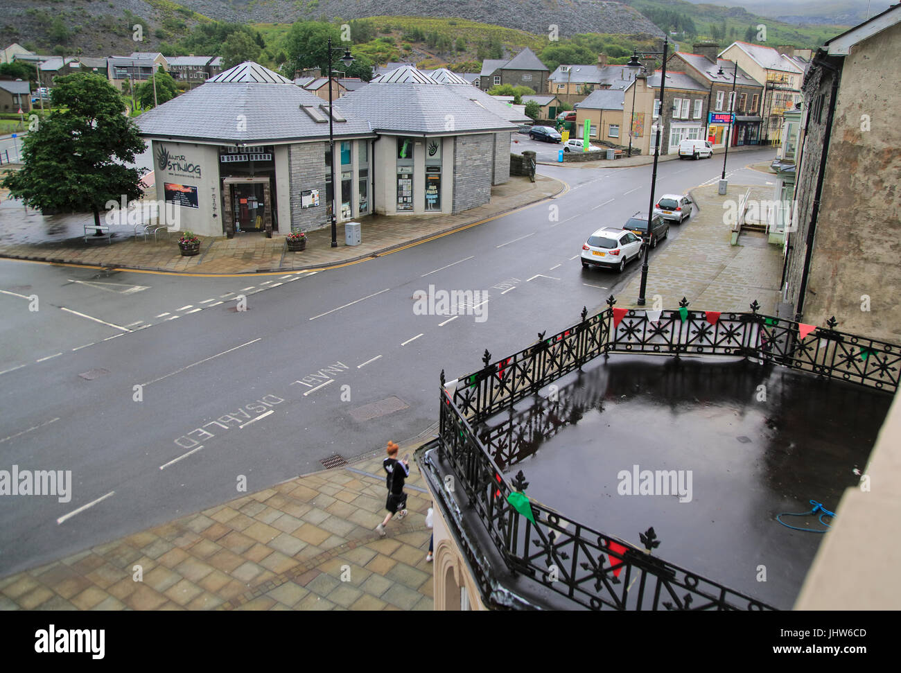 Modern building development including tourist information office, Blaenau Ffestiniog, Gwynedd, north Wales, UK Stock Photo