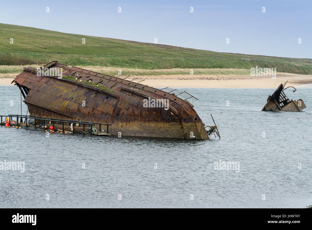 Blockships deliberately sunk in the smaller entrances to Scapa Flow, a major Royal Navy anchorage, to prevent enemy attacks during world war one.SS Re Stock Photo