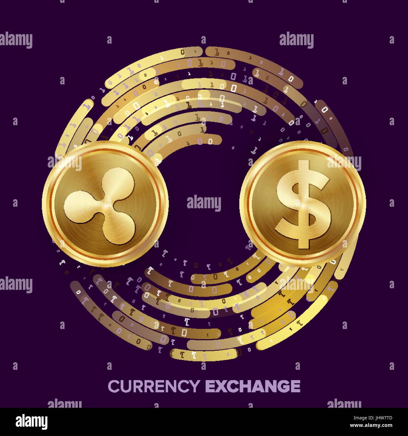 Digital Currency Money Exchange Vector. Ripple Coin, Dollar. Fintech Blockchain. Gold Coins With