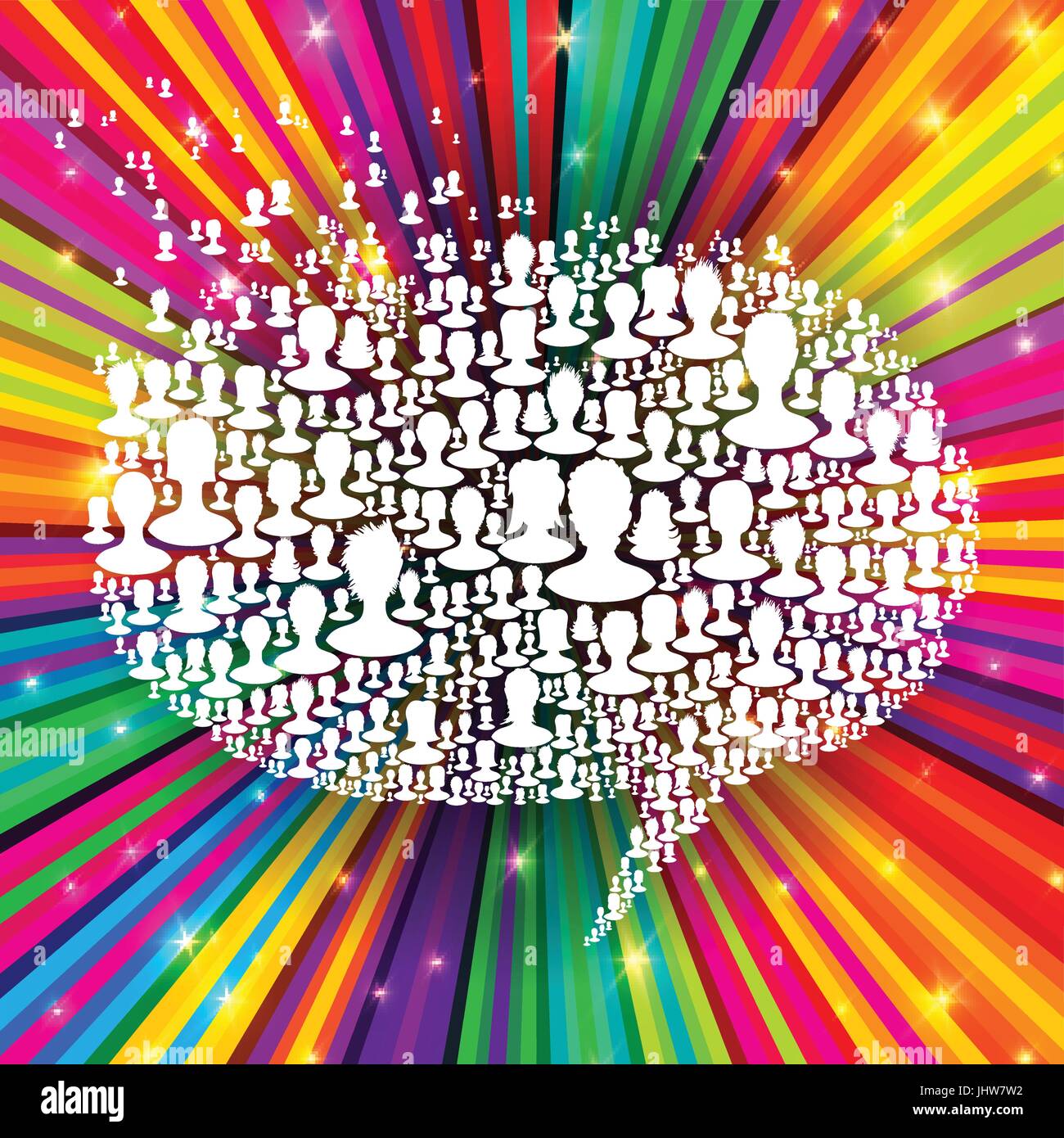 Speech bubble, composed from many people silhouettes on colorful rays background. Social network concept, vector, EPS10 Stock Vector