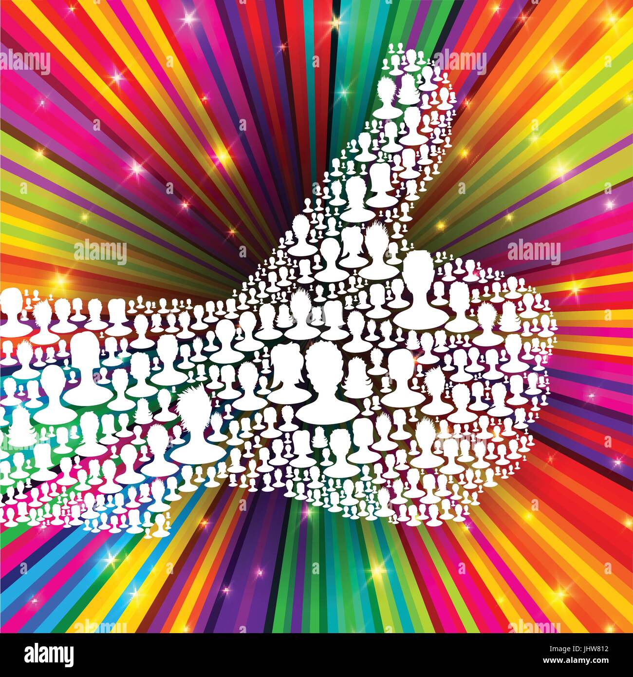 Thumb up symbol on colorful rays background. Composed from many people silhouettes. Vector illustration, EPS10 Stock Vector