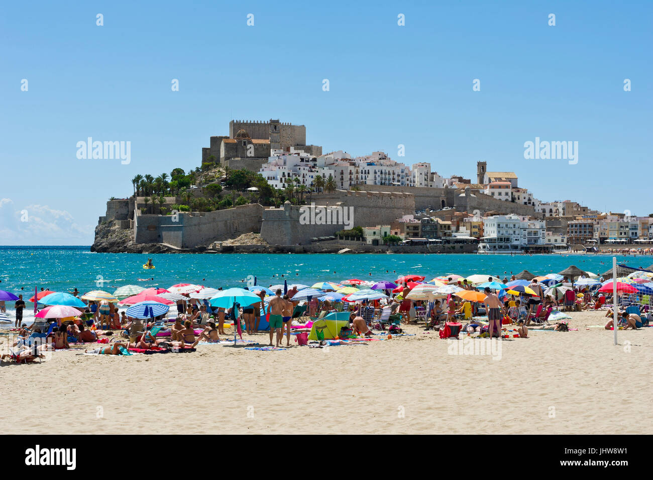 Old city and beach, Peniscola, Castellón,  Costa del Azahar, Eastern Spain Stock Photo