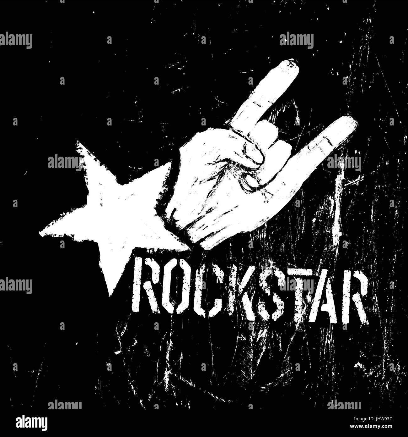 Rockstar symbol, sign of the horns gesture grunge composition on black Stock Vector