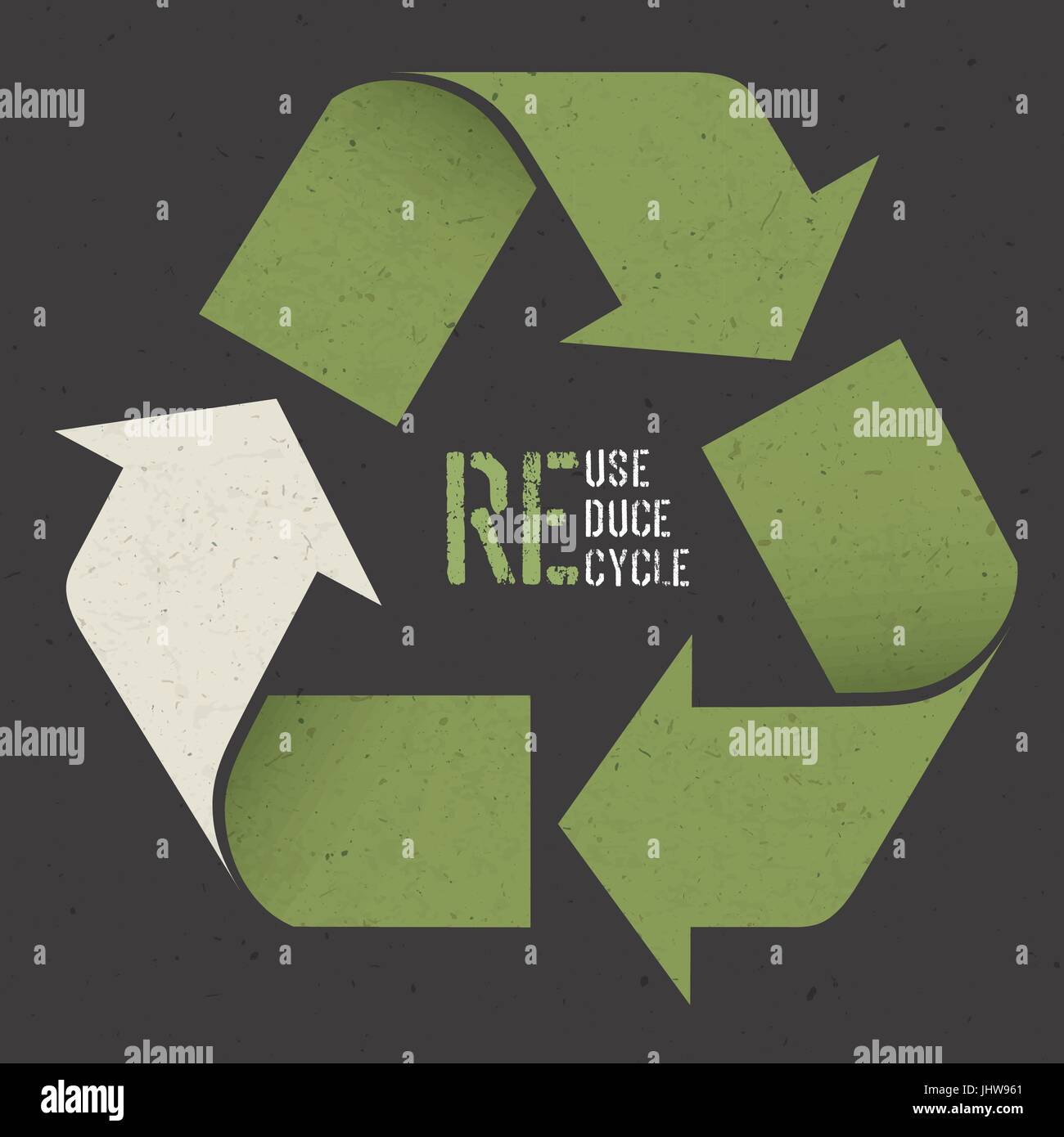 Reuse conceptual symbol and 'Reuse, Reduce, Recycle' text on Dark Recycled Paper Texture Stock Vector