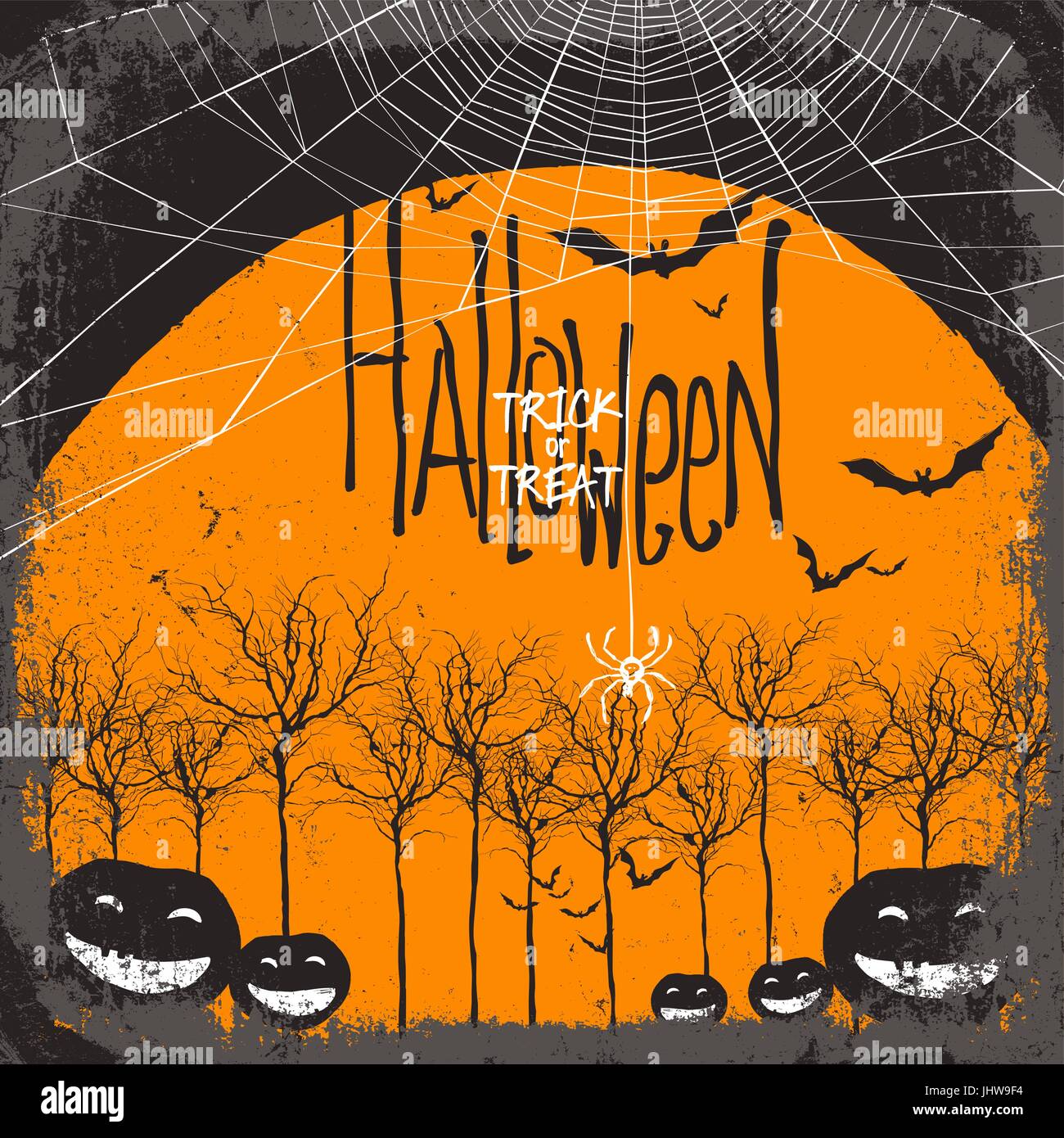 Halloween vector background. Dry tree and pumpkins. Full moon and bats ...