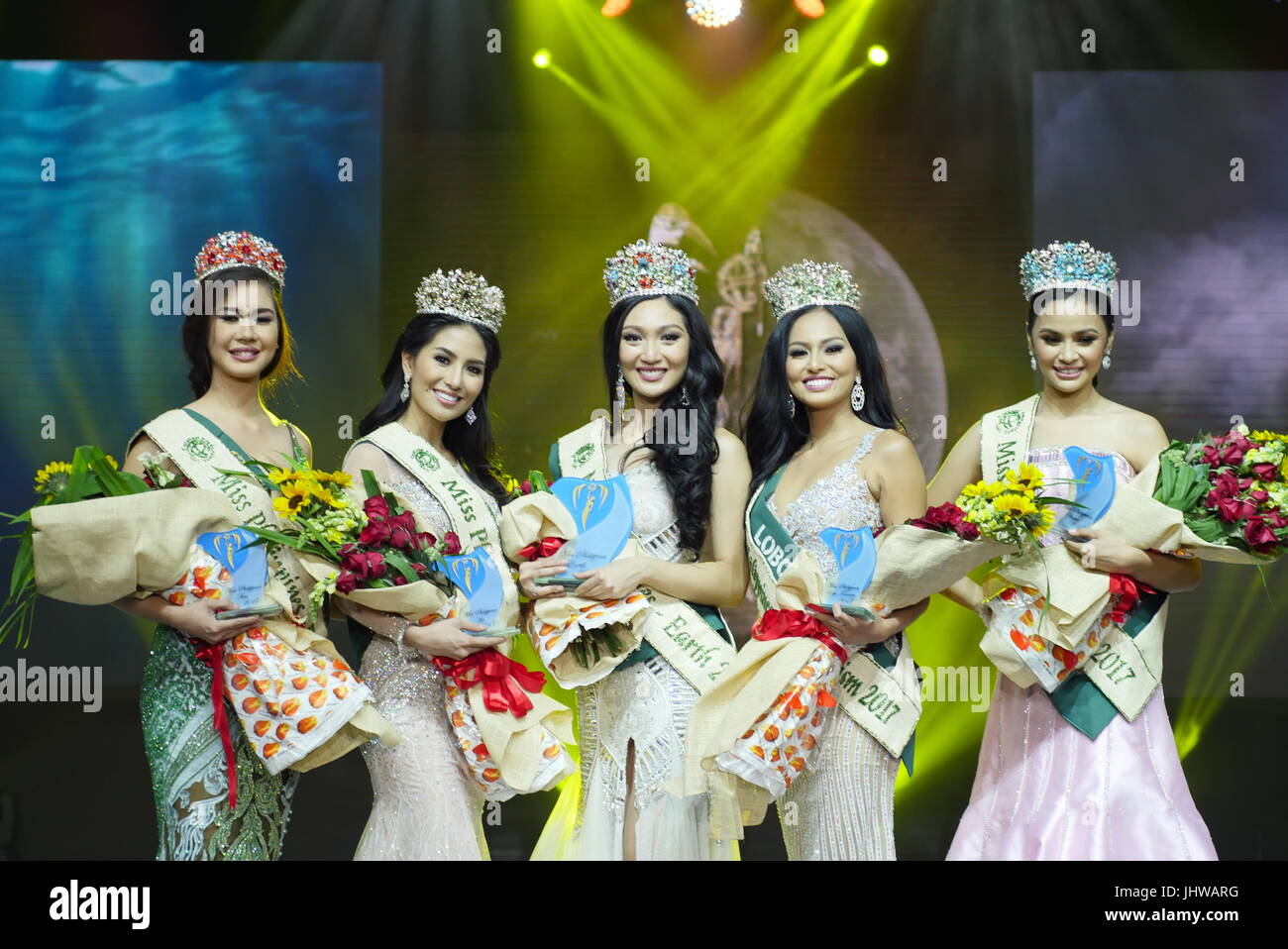 Pasay, Philippines. 15th July, 2017. From Left to right: Miss Fire, Miss Villanueva Misamis Oriental, Nellza Bautista, age 19. Miss Air, Miss Olongapo City, Kim De Guzman, age 24. Miss Earth, Miss Manila, Karen Ibasco, age 26. Miss Eco Tourism, Miss Lobo Batangas, Vanessa Mae Castillo, age 21. Miss Water, Miss Caloocan City, Jessica Marasigan, age 23. Miss Earth Philippines coronation night happened SM Mall of Asia Arena. Credit: George Buid/Pacific Press/Alamy Live News Stock Photo