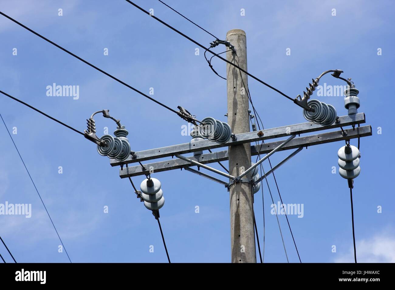 Photo of power or electricity lines on a concrete pole Stock Photo Alamy